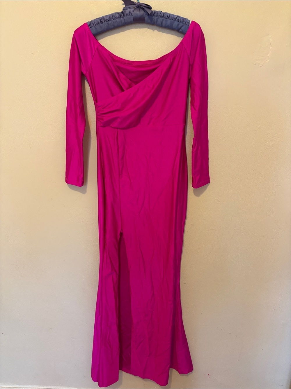 Fuchsia Off-Shoulder Long Sleeve Maxi Dress